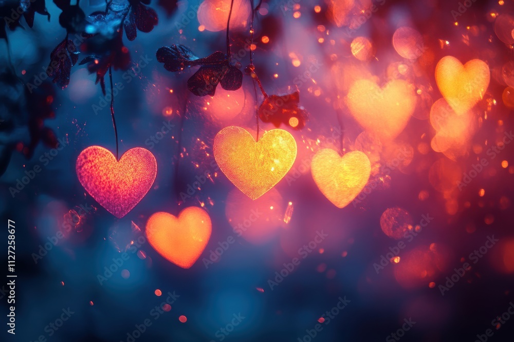 Poster modern abstract bokeh with soft heart shapes and dynamic gradient effects, ideal for digital art.