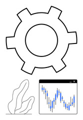 Large gear outline above a financial candlestick chart and abstract plant sketch. Ideal for technical analysis, finance, technology, process optimization, investment strategies, economic growth