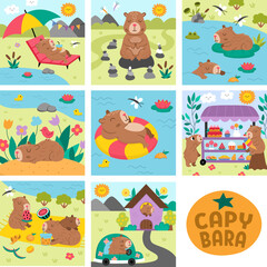 Obraz premium Vector capybara square scenes collection Capibara landscape illustration pack for kids. Cute nature scenes set with adorable animals relaxing, meditating, sleeping, eating, having fun