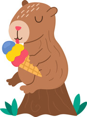 Vector capybara icon. Cute capibara sitting on stump and eating ice-cream with closed eyes. Funny happy animal illustration isolated on white background. Comic trendy guinea pig clipart