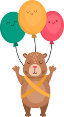 Vector capybara icon. Cute capibara flying on balloons with closed eyes. Funny happy animal illustration isolated on white background. Comic trendy guinea pig clipart