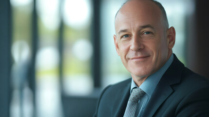 Naklejka premium Mature executive exudes confidence as he smiles in a suit and tie, standing in a modern office with expansive windows