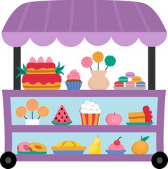 Vector rolling snack cart with wheels. Candy shop icon. Cartoon sweets stand illustration. Pastry or bakery trolley clipart. Mobile vending stall or food trailer truck with cake, doughnut, lollypop