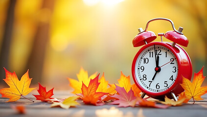 Clock And Leaves On Wooden Table in Autumn scene, time change concept, seasonal transition