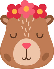 Vector capybara head icon. Cute capibara face with closed eyes and flowers. Funny happy animal illustration isolated on white background. Comic trendy holiday guinea pig clipart
