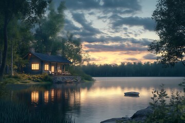 Obraz premium A serene lakeside cabin at sunset, surrounded by trees and calm waters.