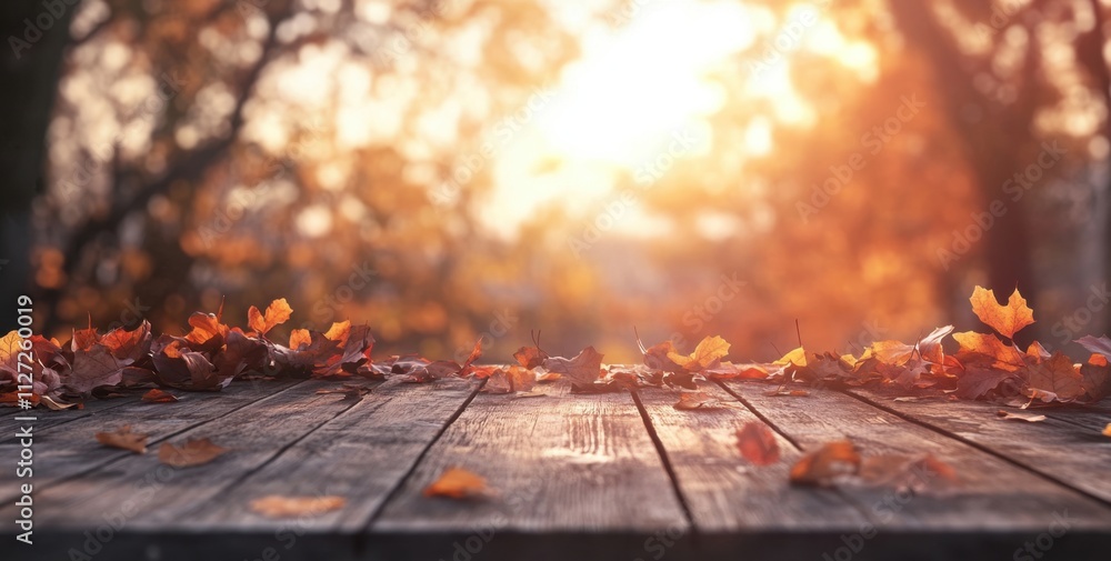 Aufkleber autumn background with a wooden floor and autumn leaves in the forest at sunset background for produ