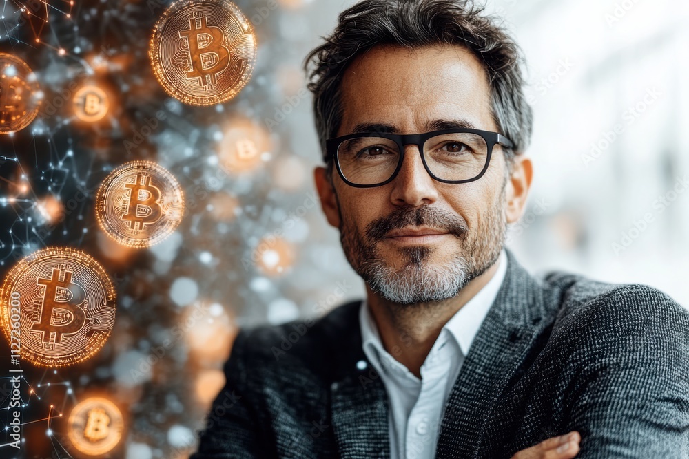 Poster modern businessman posing confidently with floating bitcoin symbols in a sleek, futuristic backgroun