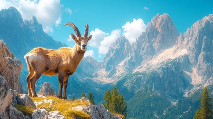 Majestic ibex standing on rocky terrain with mountains in the background