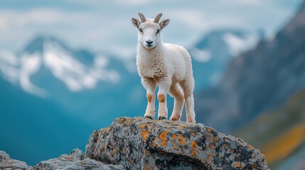 Adorable mountain goat standing on a rock in scenic landscape