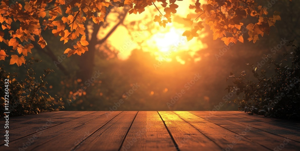 Poster autumn background with a wooden floor and golden autumn leaves in a forest at sunset autumn backgrou