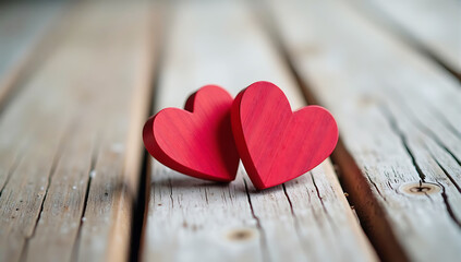 Fototapeta premium Two Wooden Hearts On Rustic Table, weathered wood texture, romantic mood, soft lighting, close-up photography