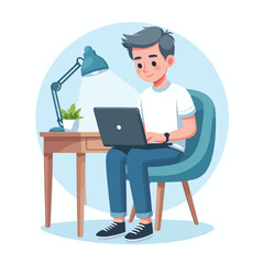 a boy is using his laptop vector