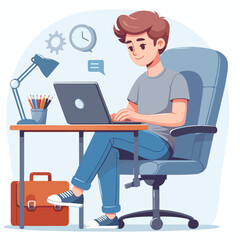 a boy is using his laptop vector
