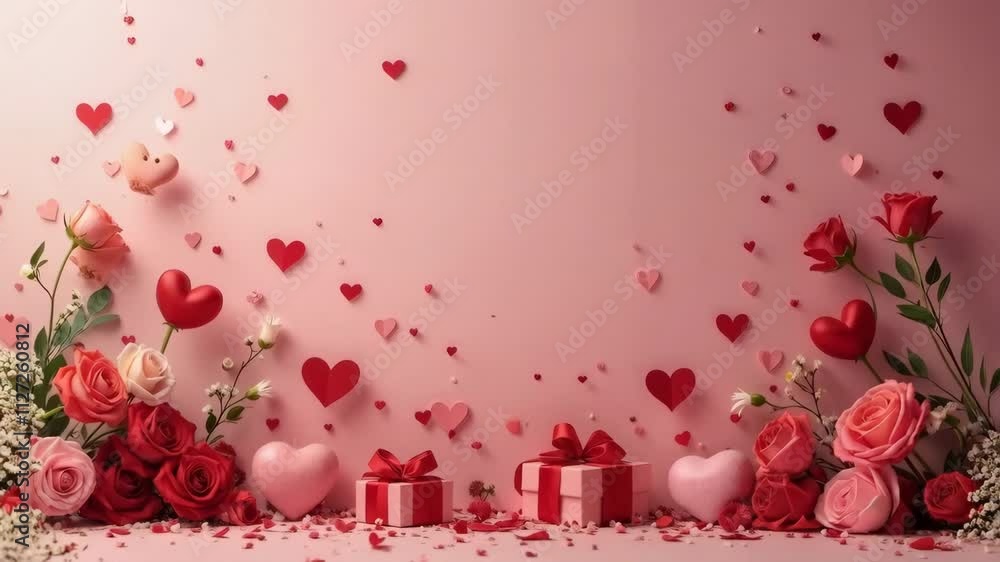 Poster a pink background with many hearts and flowers. a red box with a bow on it is in the middle of the b
