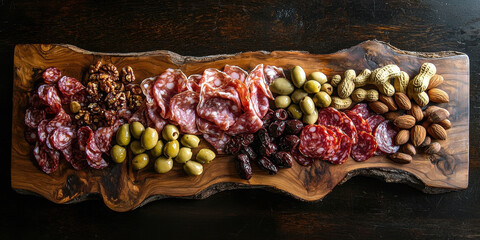 Charcuterie board with cured meats, olives, and nuts, rustic wooden board on table, top view, ample copy space