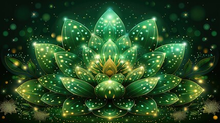 Glowing emerald lotus flower with gold accents, intricate details, dark green background.