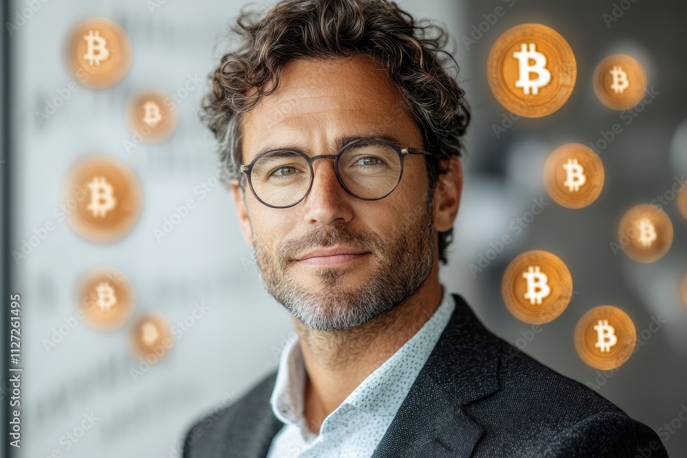 Poster modern businessman posing confidently with floating bitcoin symbols in a sleek, futuristic backgroun