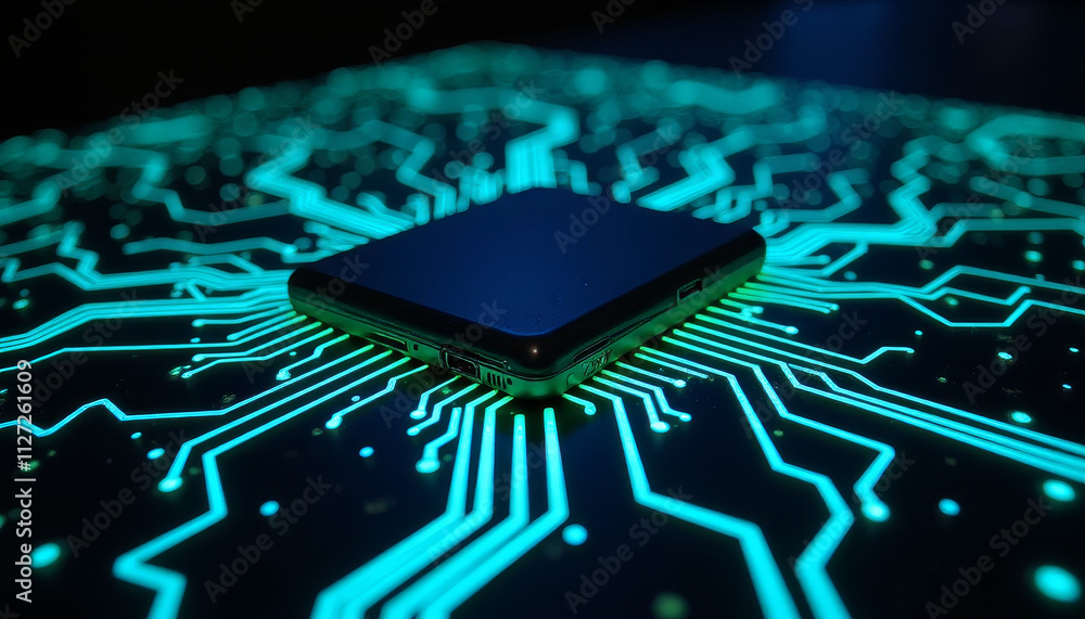 Poster exploring the synergy of technology and design in a futuristic circuit board setting