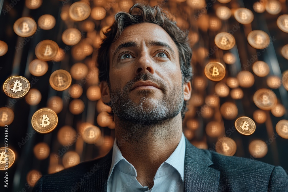 Poster Modern businessman posing confidently with floating Bitcoin symbols in a sleek, futuristic background.