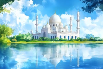 Naklejka premium cartoon islamic mosque vector illustration. background for ramadan kareem, mosque, illustration, architecture, religion, design, minaret, landmark, building, travel, heritage, india, spirituality