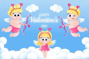 Background for Happy Valentine's Day. Cute cupids with bow and arrows on a blue sky with white clouds. Vector illustration