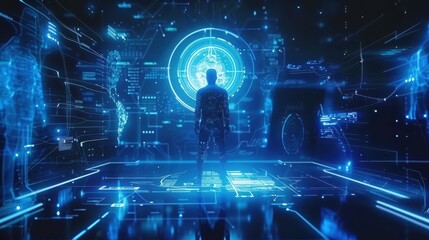 Person Observing Futuristic Technological Interface Displays