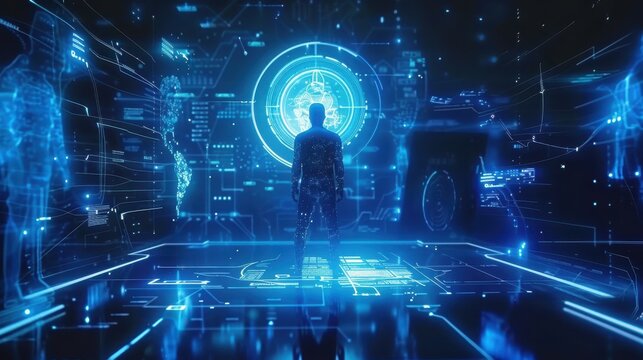 Person Observing Futuristic Technological Interface Displays - Powered by Adobe