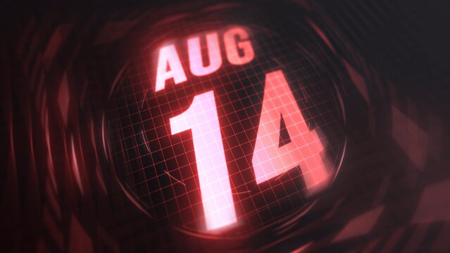 August 14st, hud calendar with neon red sign in 4k. Calendar with number and month with grid background.