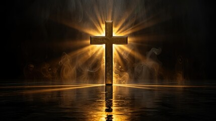 Fototapeta premium Glowing golden cross reflected in dark water with smoke.