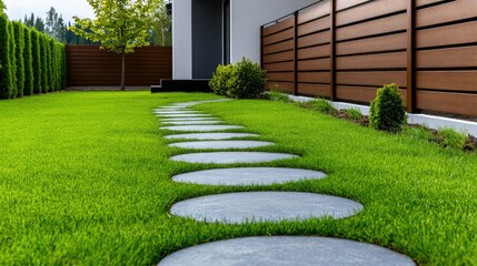 Lush green lawn features a cobblestone pathway guiding to a modern home, surrounded by trees, creating a serene and private outdoor space