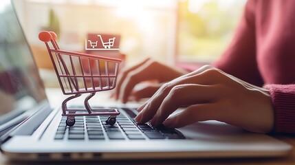 Online Shopping Cart Laptop Keyboard Hands