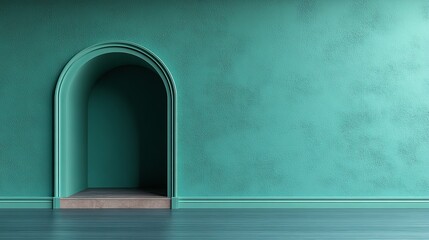 Minimalist entrance with arched doorway against a teal wall