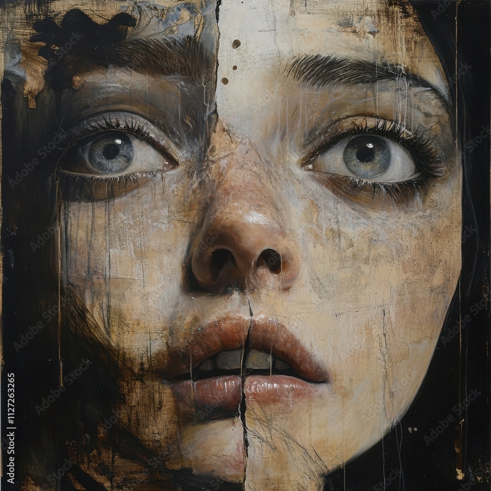 Poster a close-up portrait of an emotionally expressive face with delicate features, highlighting intricate