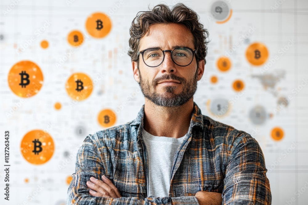 Aufkleber modern businessman standing confidently with bitcoin and dollar symbols creating a vibrant and abstr