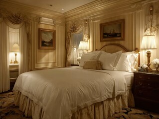 A spacious hotel room features an inviting bed, elegant linens, and warm lighting