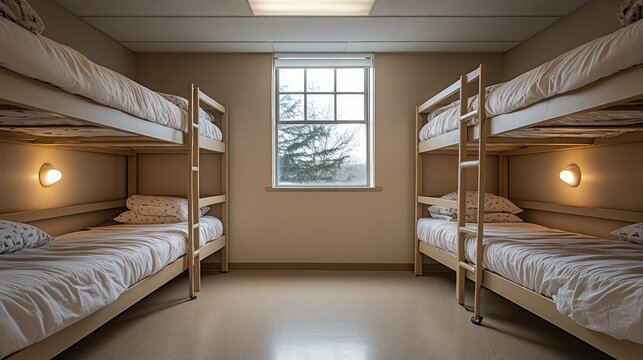 Empty bunk beds in a deserted barracks room showing minimalistic interior design and lighting