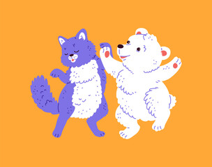 Cute happy cat and bear dancing together, vector cartoon funny animals have fun on disco party, music entertainment