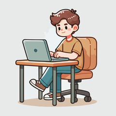 a boy is using his laptop vector