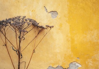 Delicate dried wildflowers stand against a textured, weathered yellow and ochre wall.