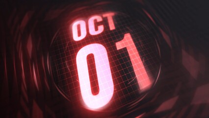 October 1st, hud calendar with neon red sign in 4k. Calendar with number and month with grid background.