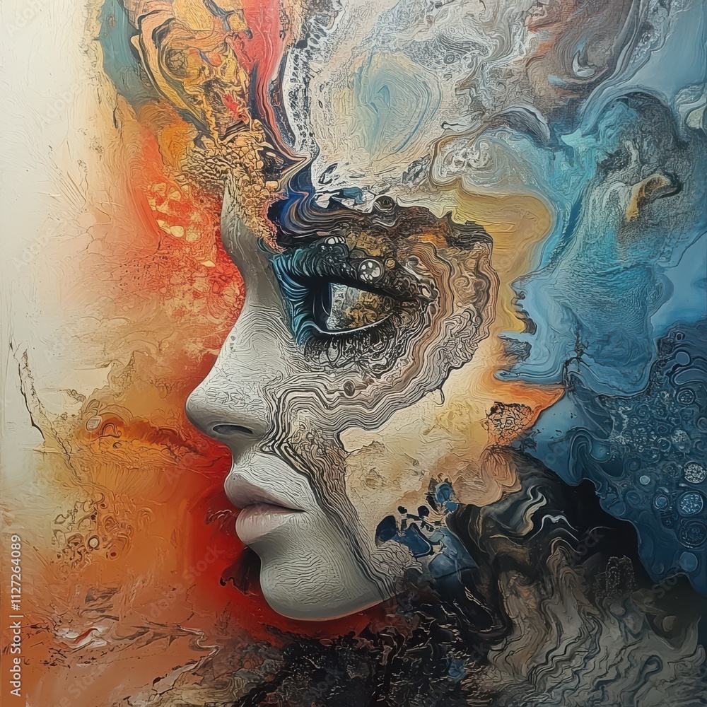 Poster abstract artistic portrait representation of a human face with colorful swirls and textures in shade