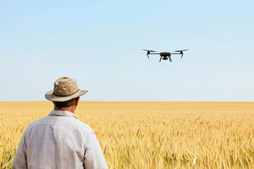 weathered farmer inspecting agricultural drone hovering over wheat field