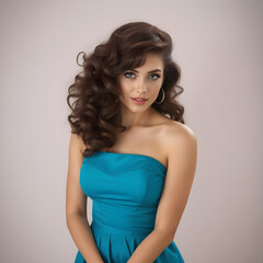Fototapeta premium Una elegante mujer de cabello castaño con un hermoso vestido azul reluciente.