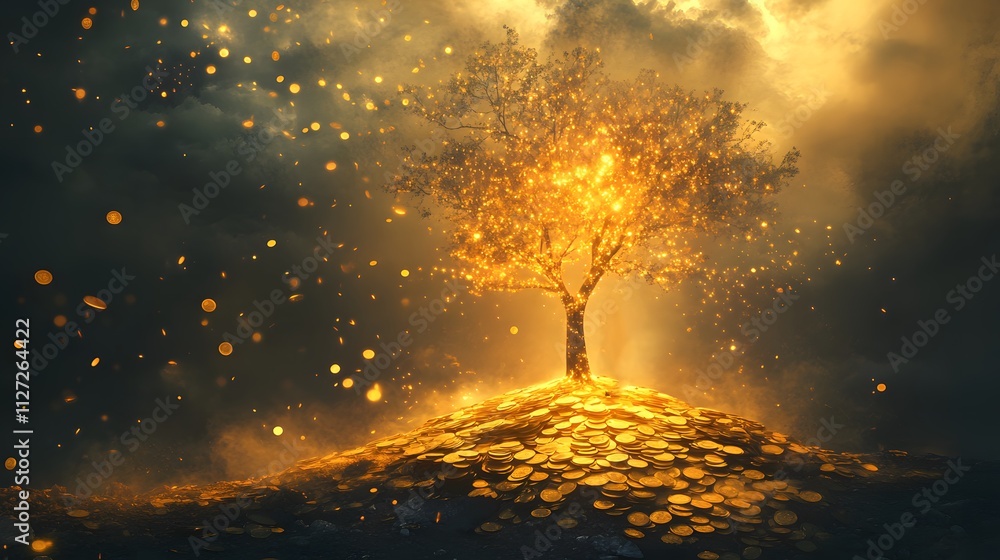 Poster a magical tree surrounded by glowing coins and sparkling light under a dramatic sky, symbolizing wea
