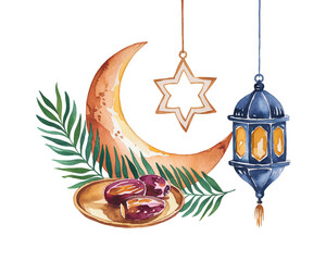 Ramadan festive decoration featuring a crescent moon, star, lantern, and dates arranged for an evening celebration