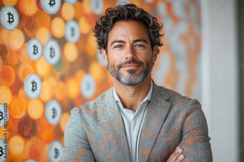 Aufkleber modern businessman standing confidently with bitcoin and dollar symbols creating a vibrant and abstr