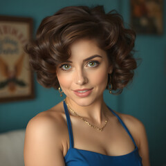 Una preciosa mujer con apretados rizos marrones y un hermoso vestido azul