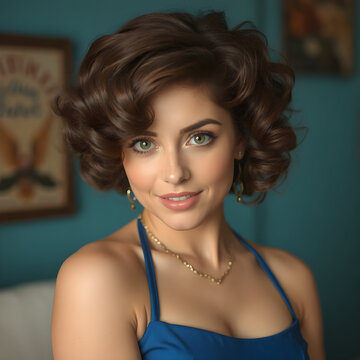 Una preciosa mujer con apretados rizos marrones y un hermoso vestido azul