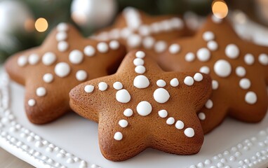 Star-shaped gingerbread cookies are decorated with white icing on a festive platter